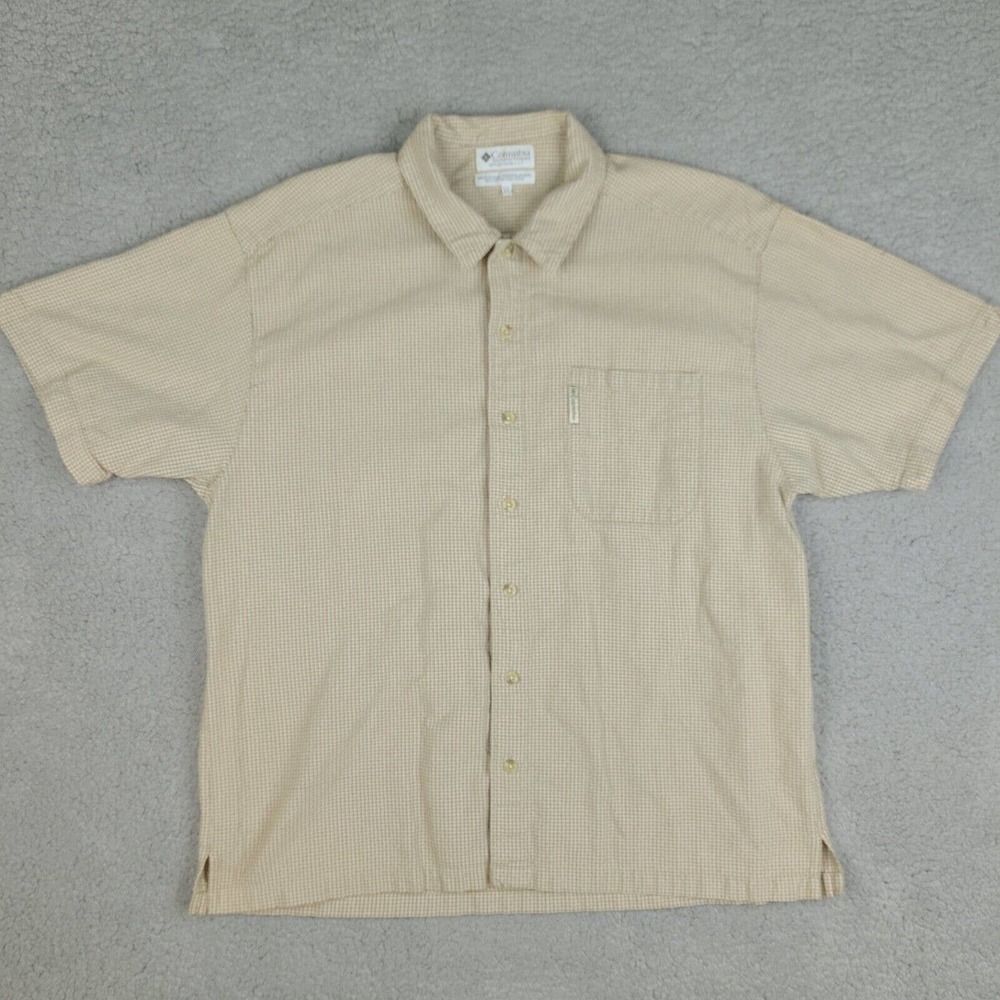 Columbia Shirt Mens XL Brown Plaid Textured Short Sleeve Button Down Cotton